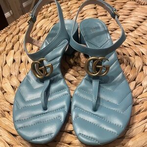 Gucci Double G Block Heel Thong Sandals in Sweet Blue Leather EU Size 37